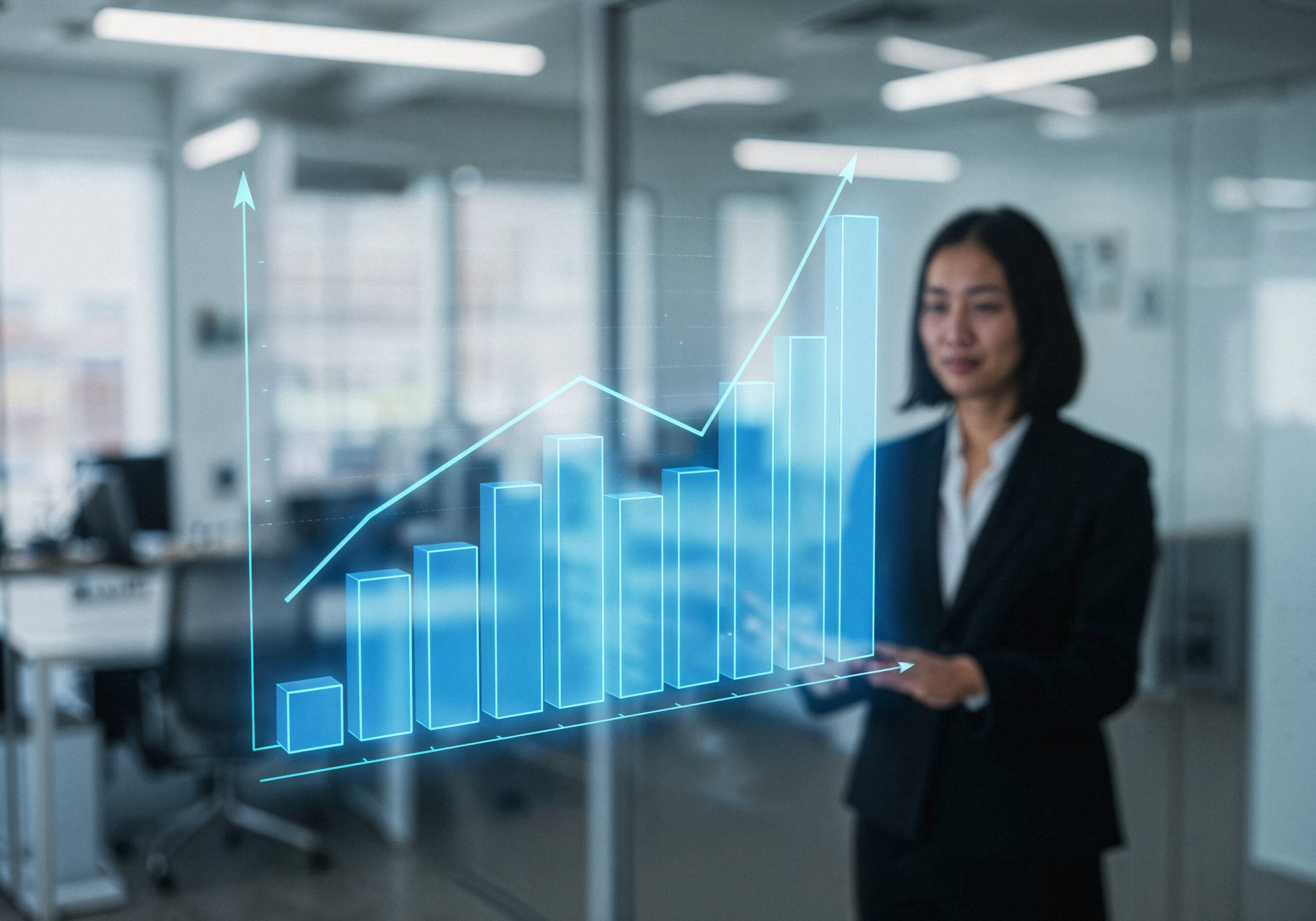 Businesswoman analysing a rising digital bar chart, symbolising SME growth and international expansion with MRA Grant support.