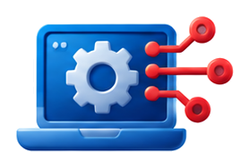 Laptop illustration with a gear and three red connection nodes, symbolizing software settings or configuration.