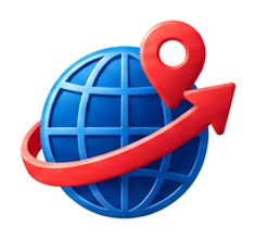 Globe with a red location pin and curved arrow, symbolizing global navigation or worldwide tracking.