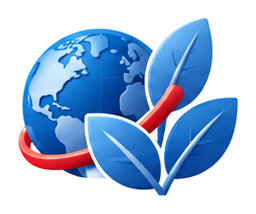 Globe with blue leaves symbolizing global environmental sustainability and eco-friendliness.