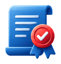 Blue document icon with a red verification seal indicating a certified/approved certificate