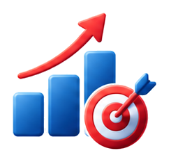 Blue bar chart with a rising red arrow and a bullseye target, symbolizing growth and hitting goals.