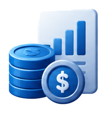 Icon representing financial data analytics: a blue database stack with a dollar coin and a rising bar chart in the background.